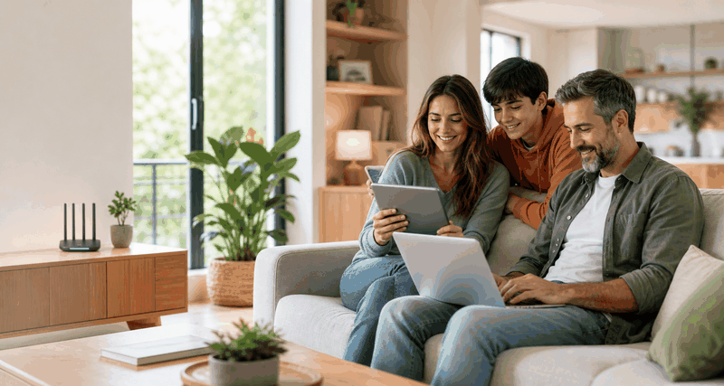Familia disfrutando internet en casa